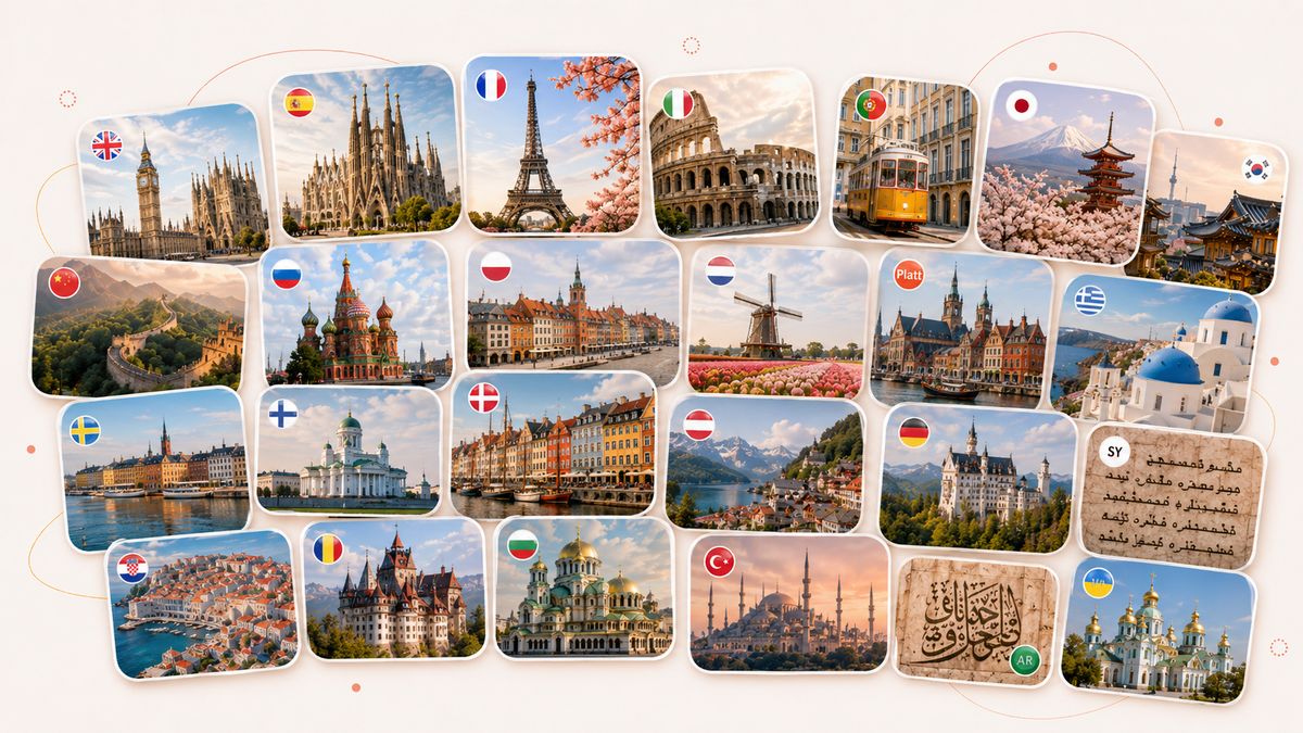 A collage of landmarks and scripts from the 26 languages you can learn with Langula — among them Big Ben, the Eiffel Tower, the Colosseum and Mount Fuji.
