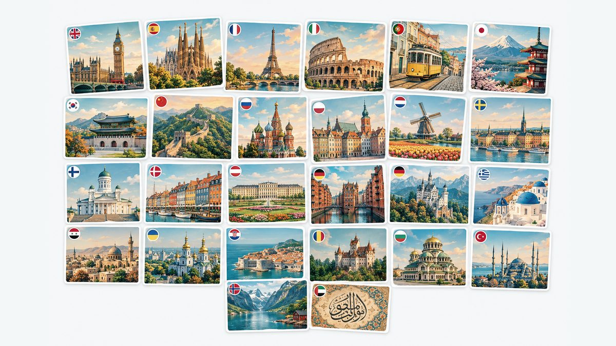 A collage of landmarks and scripts from the 26 languages you can learn with Langula — among them Big Ben, the Eiffel Tower, the Colosseum and Mount Fuji.